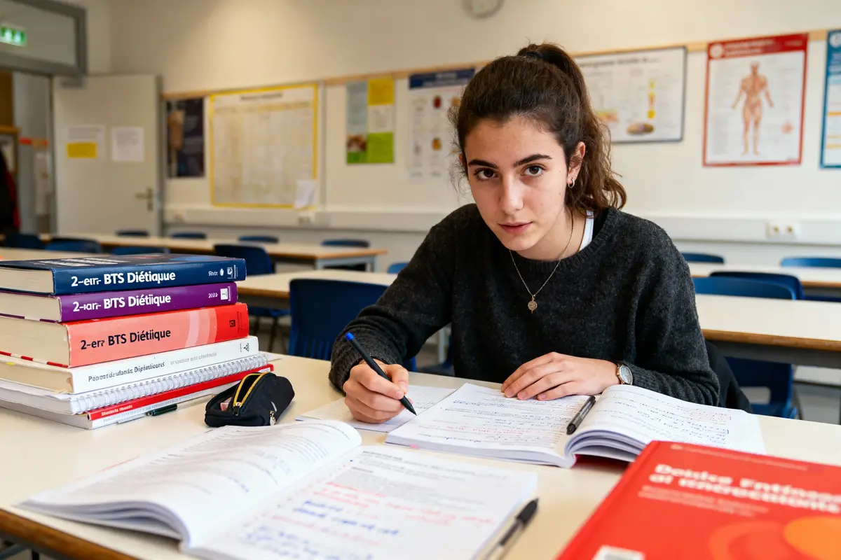 Étudiante travaillant avec des livres de diététique dans une salle de classe, concentrée sur ses notes.