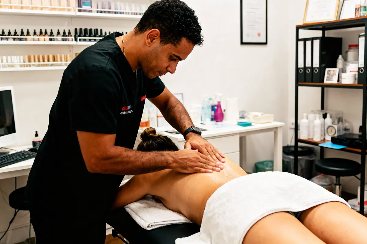 Un professionnel masse une femme allongée, dans une salle de soins, entourée d'équipements et produits divers.