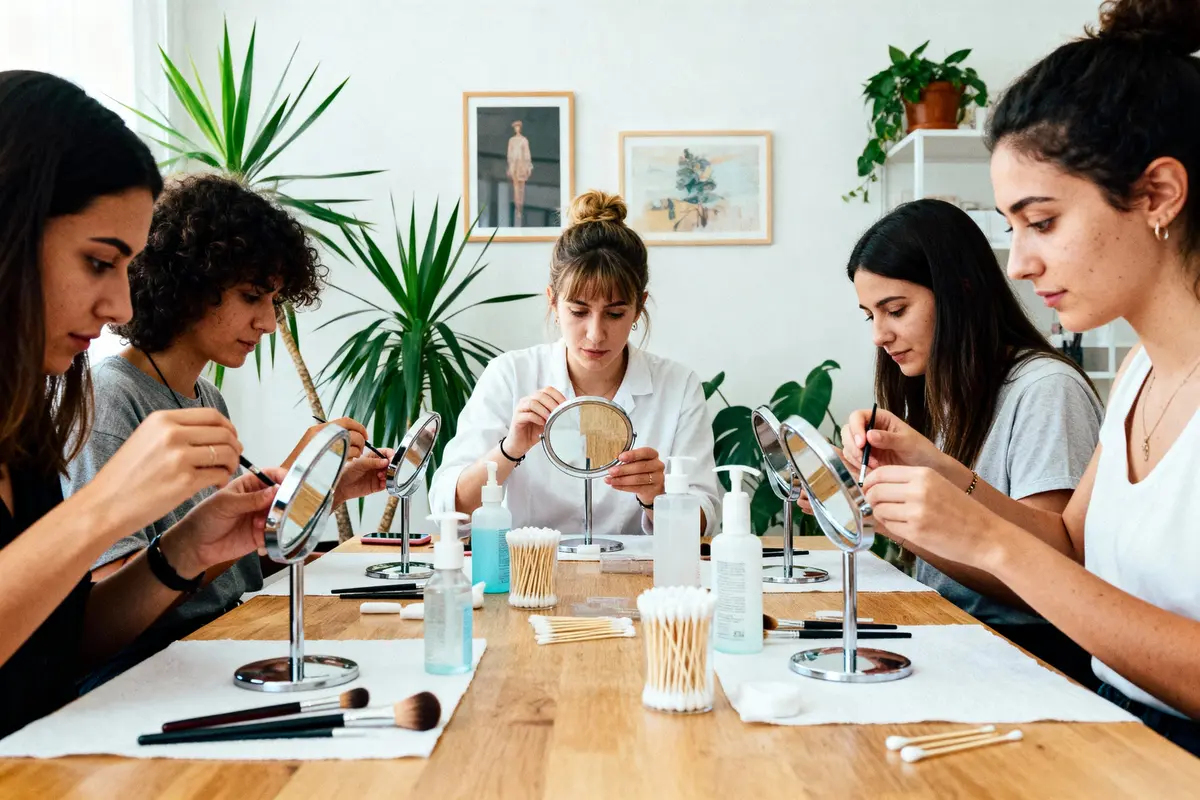 Cinq personnes appliquent du maquillage autour d'une table avec miroirs, cotons-tiges et produits cosmétiques.