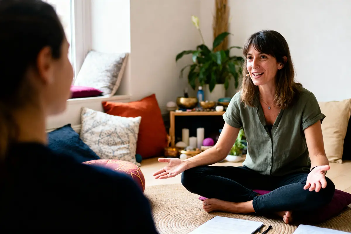 Deux femmes assises, discutant joyeusement dans un intérieur confortable avec coussins et plantes.