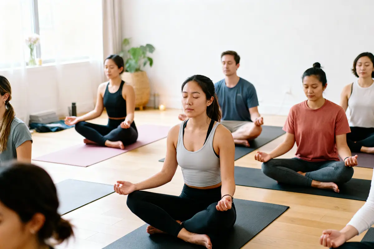 Personnes méditant en groupe dans une salle de yoga, assises en tailleur sur des tapis, yeux fermés.