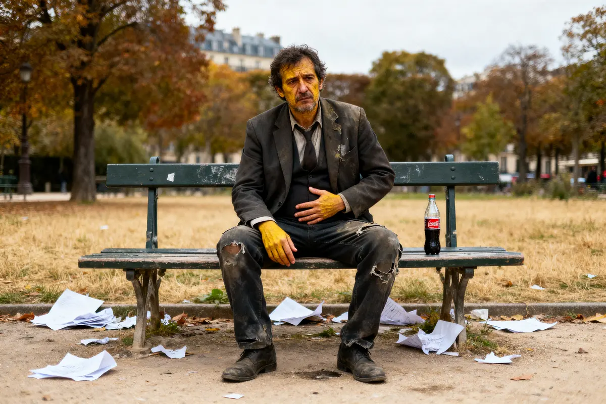 Homme en costume sale assis sur un banc, entouré de papiers éparpillés, bouteille de Coca-Cola à côté.