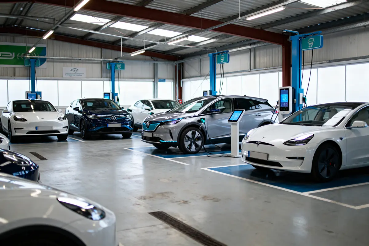 Stations de recharge pour voitures électriques dans un garage moderne, avec différents véhicules branchés et en charge.