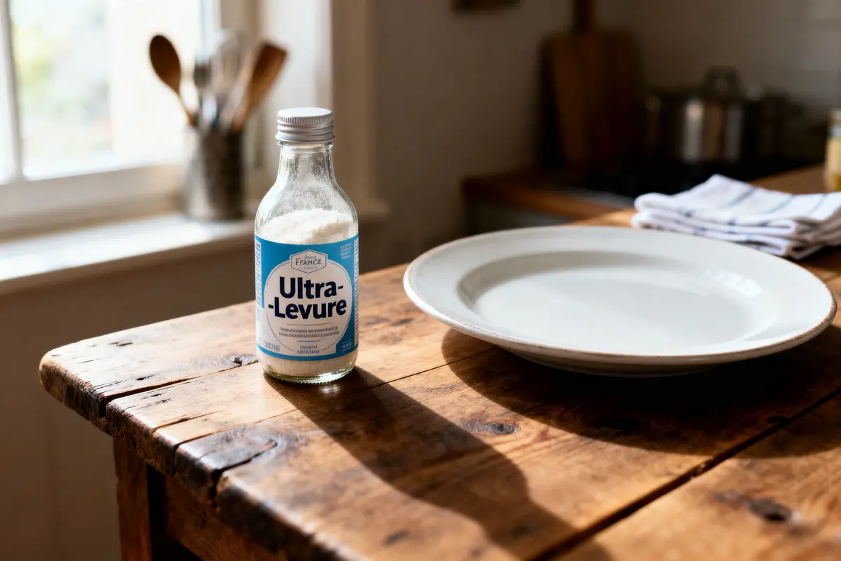 Bouteille Ultra-Levure et assiette blanche sur table en bois, cuisine en arrière-plan. Lumière naturelle.