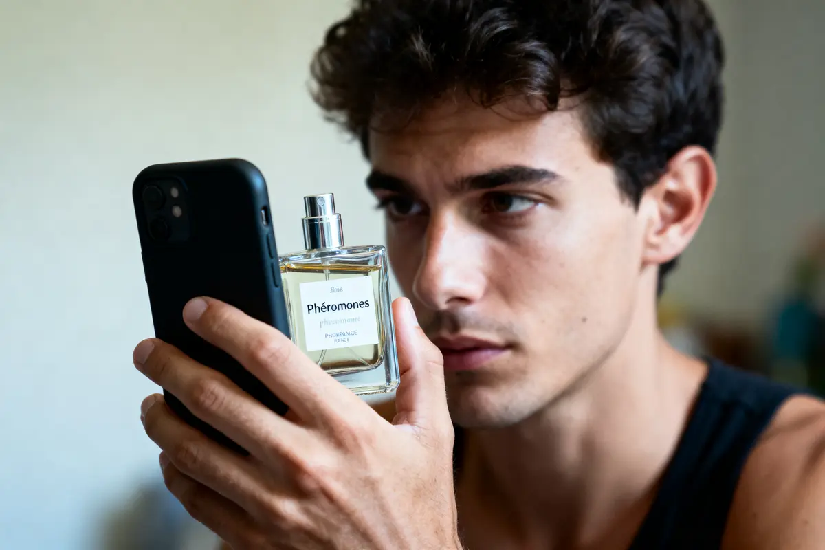 Un homme observe attentivement un flacon de parfum "Phéromones" en prenant une photo avec son smartphone.