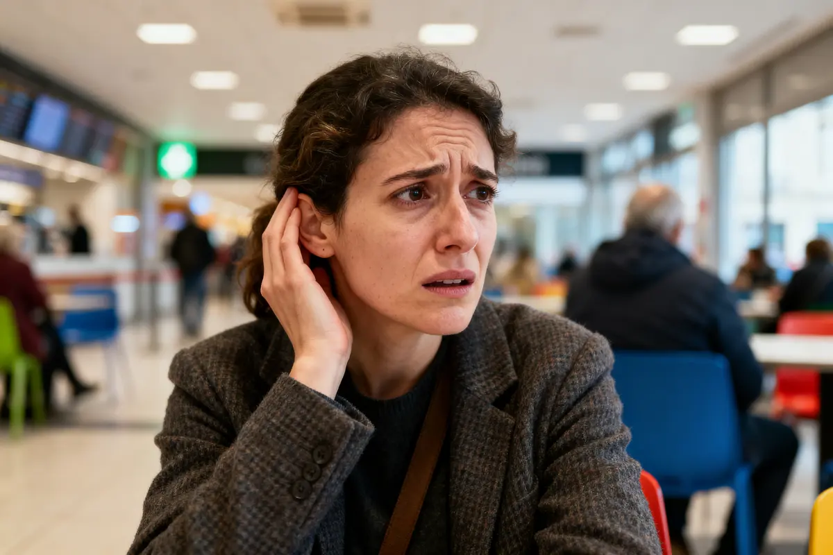 Femme préoccupée assise dans un espace public intérieur, touchant son oreille, entourée de chaises colorées et de personnes.