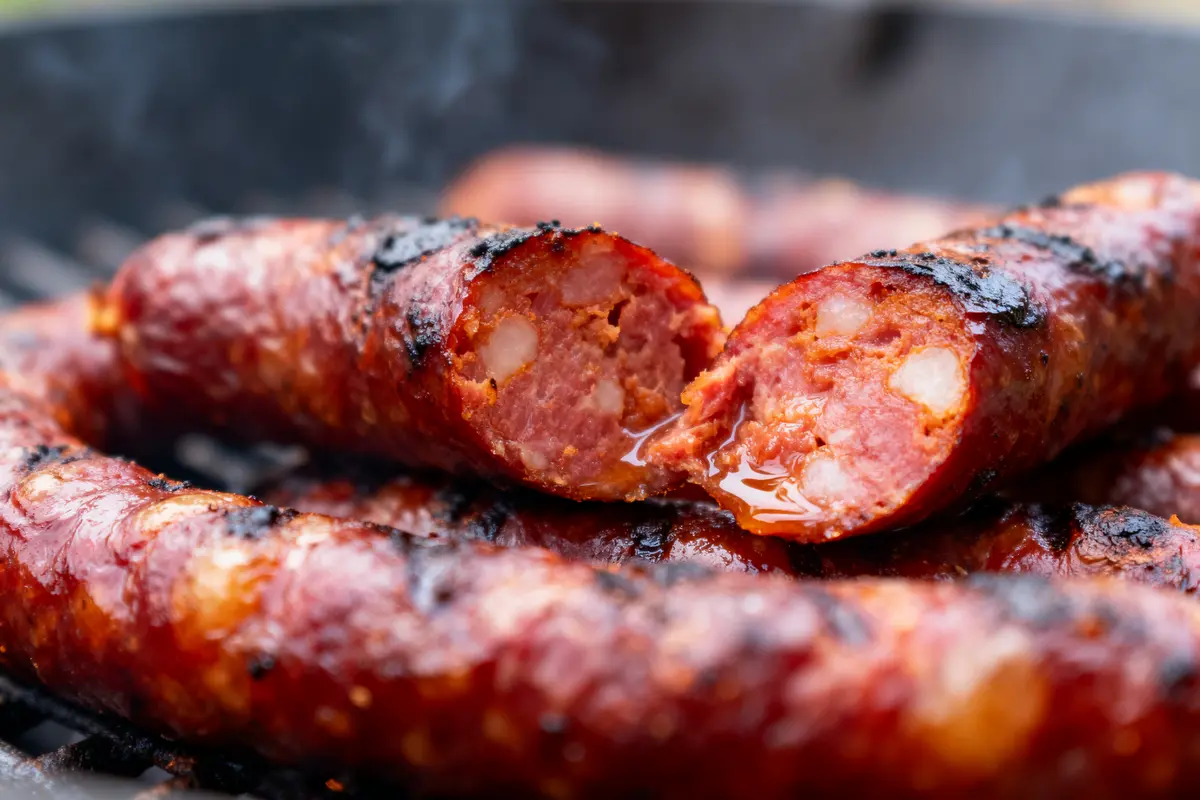 Gros plan de saucisses grillées juteuses, coupées, avec des marques de grill sur une surface.