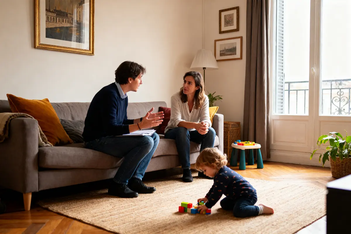 Un couple discute sur le canapé, tandis qu'un enfant joue au sol avec des blocs colorés.