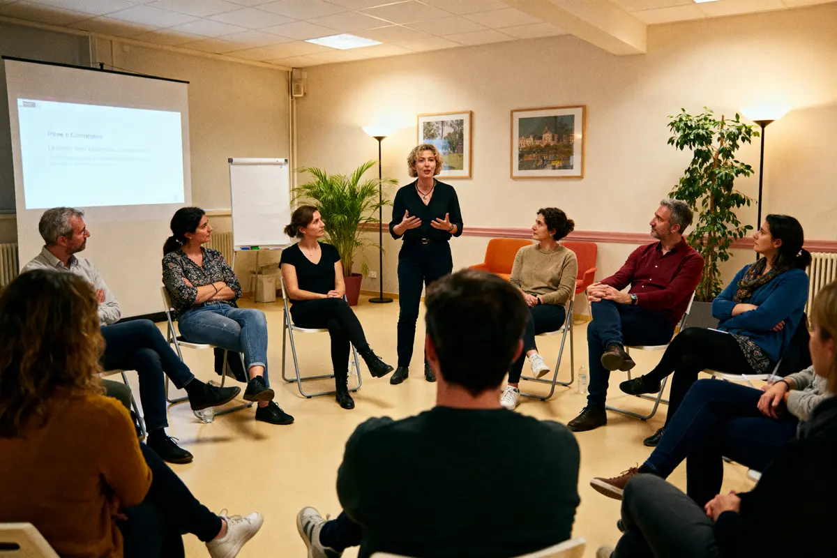 Un groupe de personnes en cercle écoute une femme debout parlant, environnement de discussion en salle.