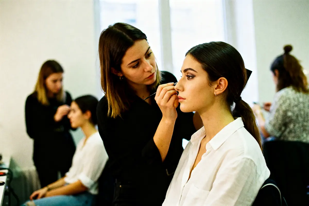 Maquilleuse appliquant du maquillage sur une femme, en coulisses, avec autres personnes travaillant en arrière-plan.