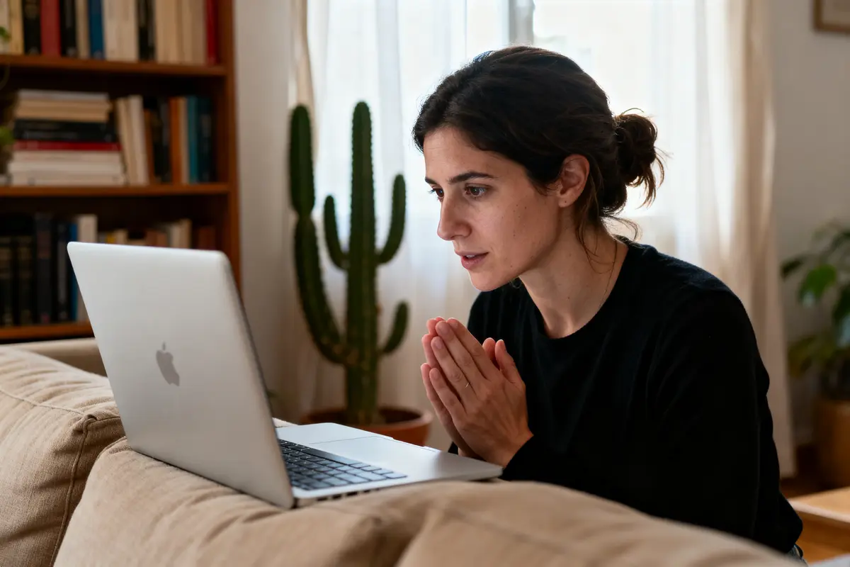 Femme concentrée devant un ordinateur portable, dans un salon avec étagères et cactus en arrière-plan.