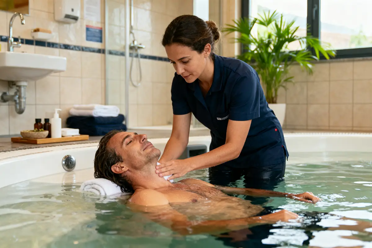 Un homme se relaxe dans un bain avec massage du cou, thérapeute attentif, atmosphère paisible et bien-être.