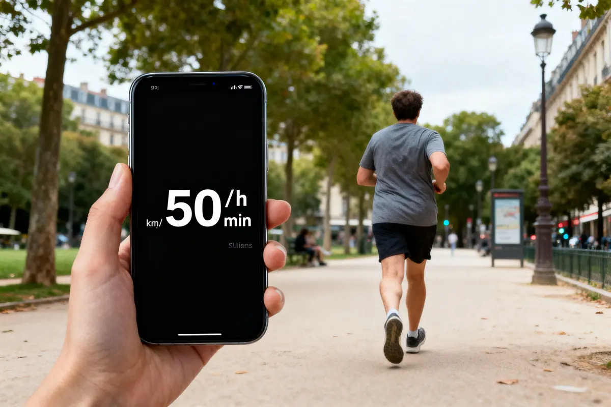 Personne courant dans un parc, smartphone affichant 50 km/h/min, arbres et bâtiments en arrière-plan.