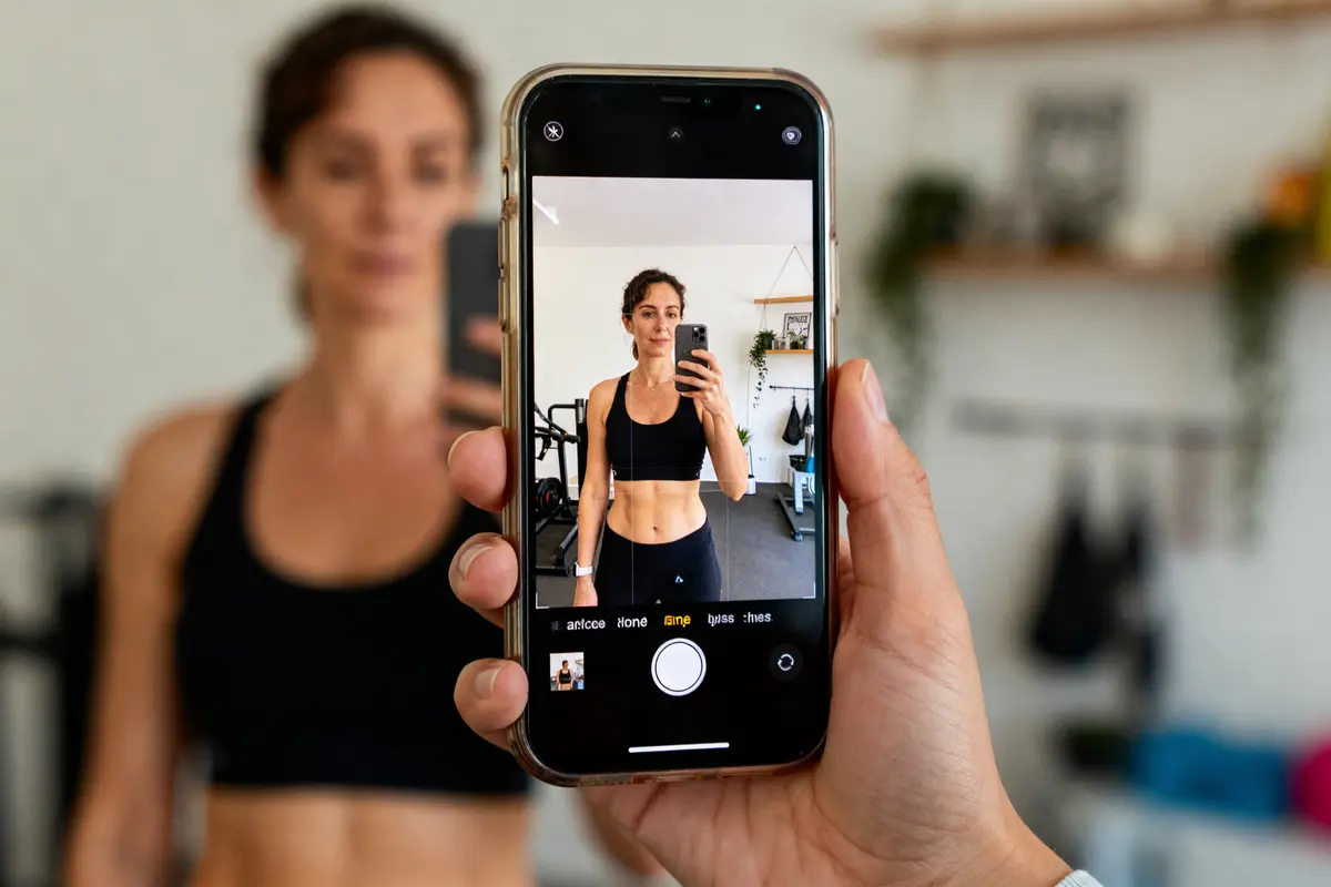 Une femme en tenue de sport se prend en photo avec son smartphone dans une salle de gym.