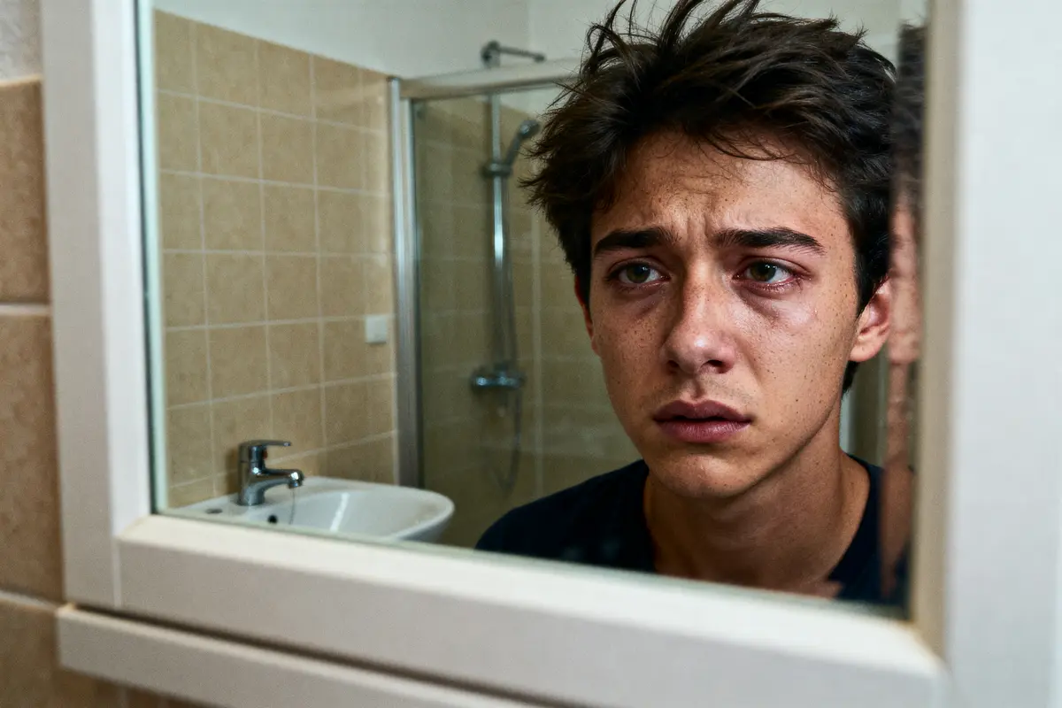 Jeune homme, air préoccupé, se regarde dans un miroir de salle de bain aux murs carrelés beiges.