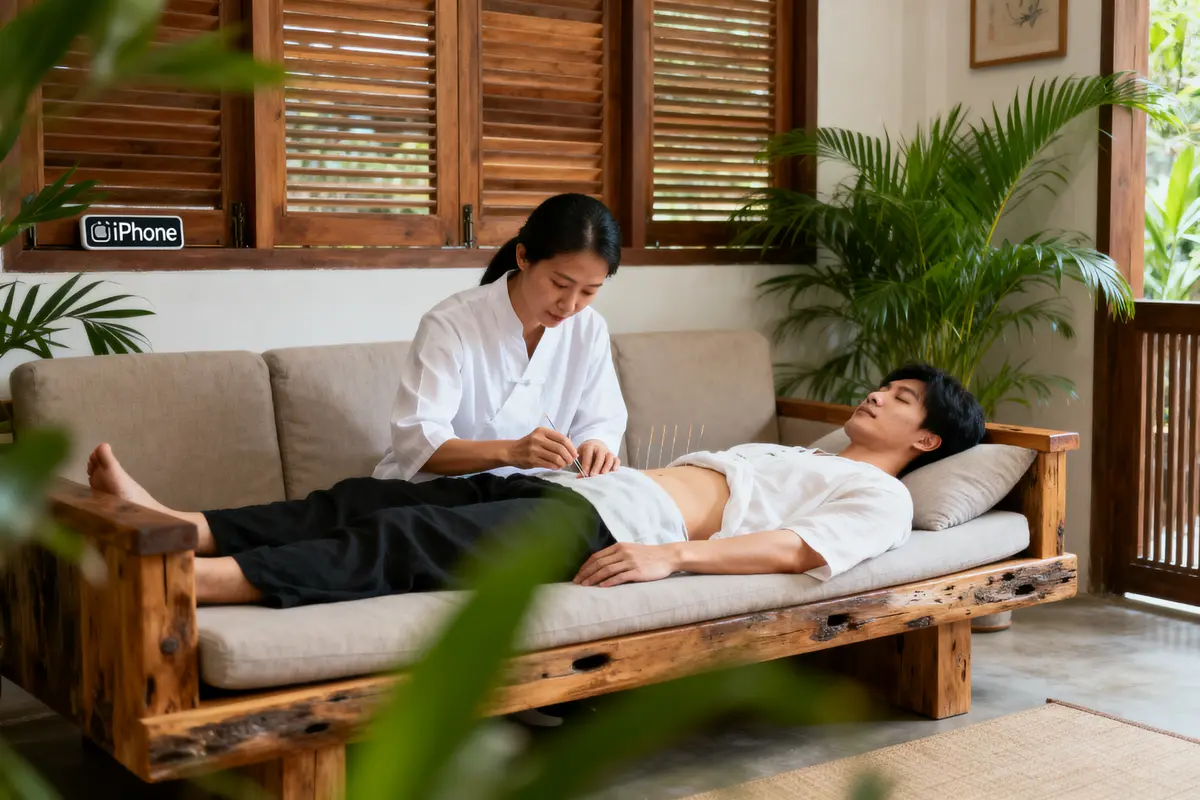 Praticienne effectuant une séance d'acupuncture sur un homme allongé sur un canapé, intérieur paisible avec plantes.