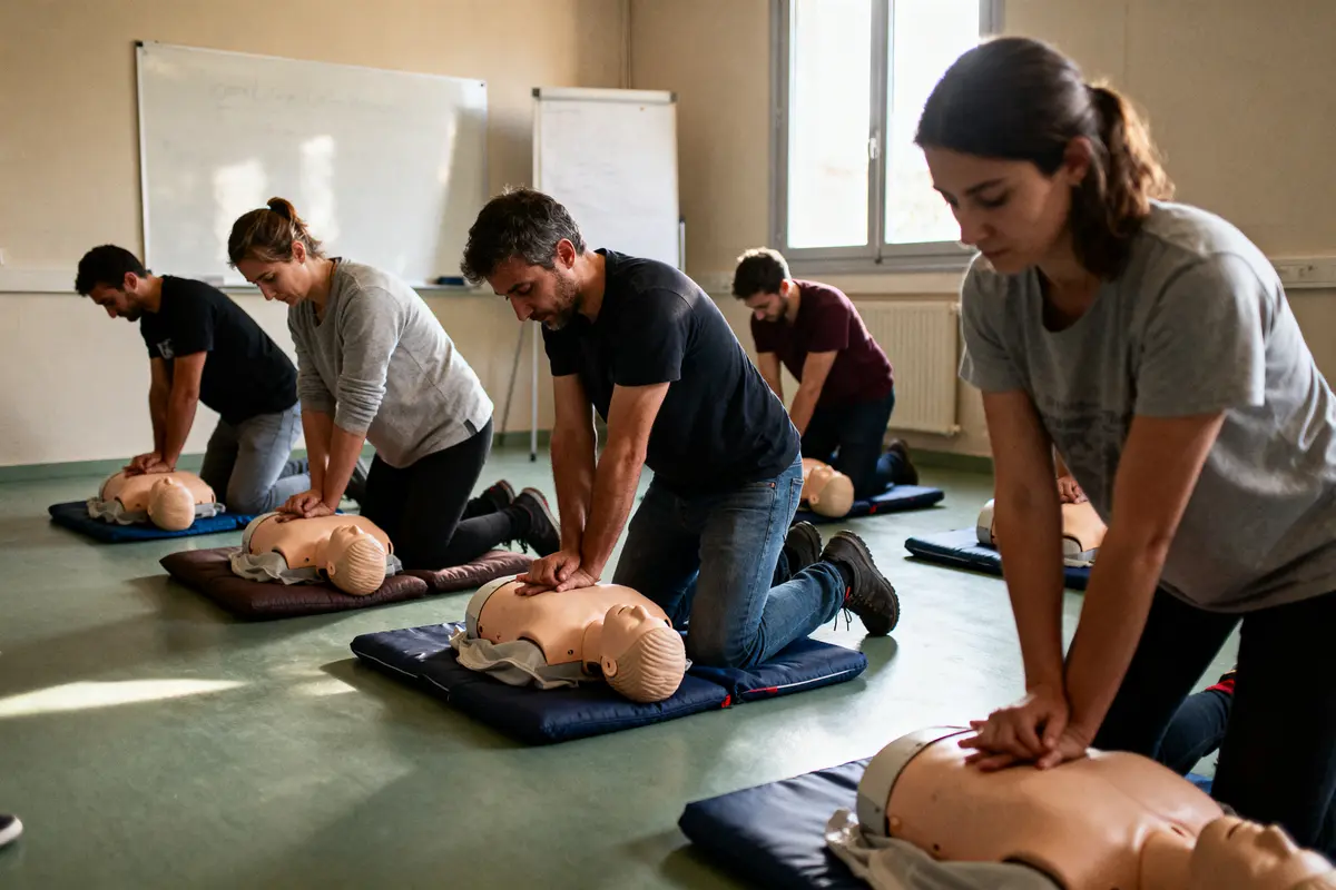 Personnes pratiquant la réanimation cardiopulmonaire sur des mannequins pendant une séance de formation en secourisme.