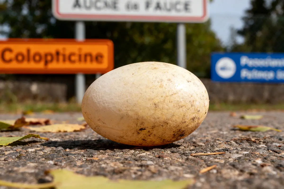 Un gros œuf sale posé sur la route, avec des panneaux en arrière-plan.