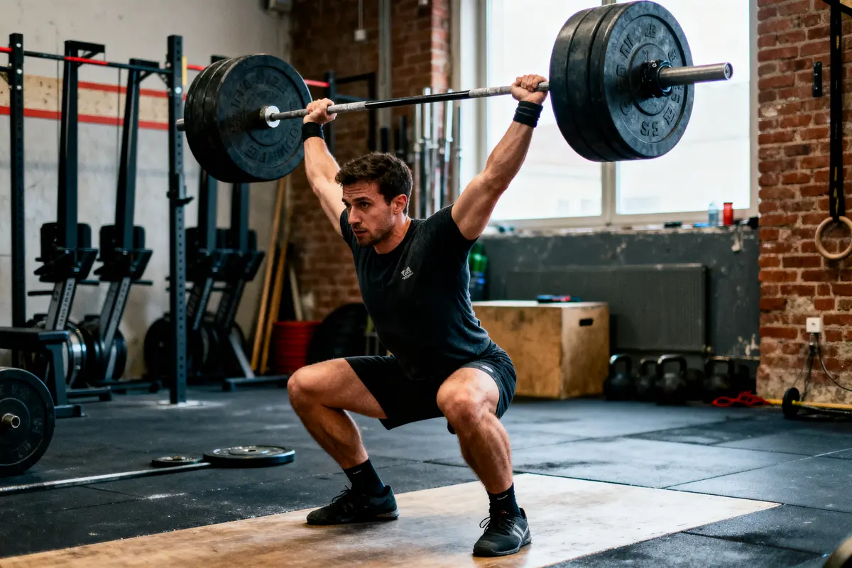 Homme soulevant lourd haltère dans une salle de sport, position squat, concentré, équipement de musculation autour.