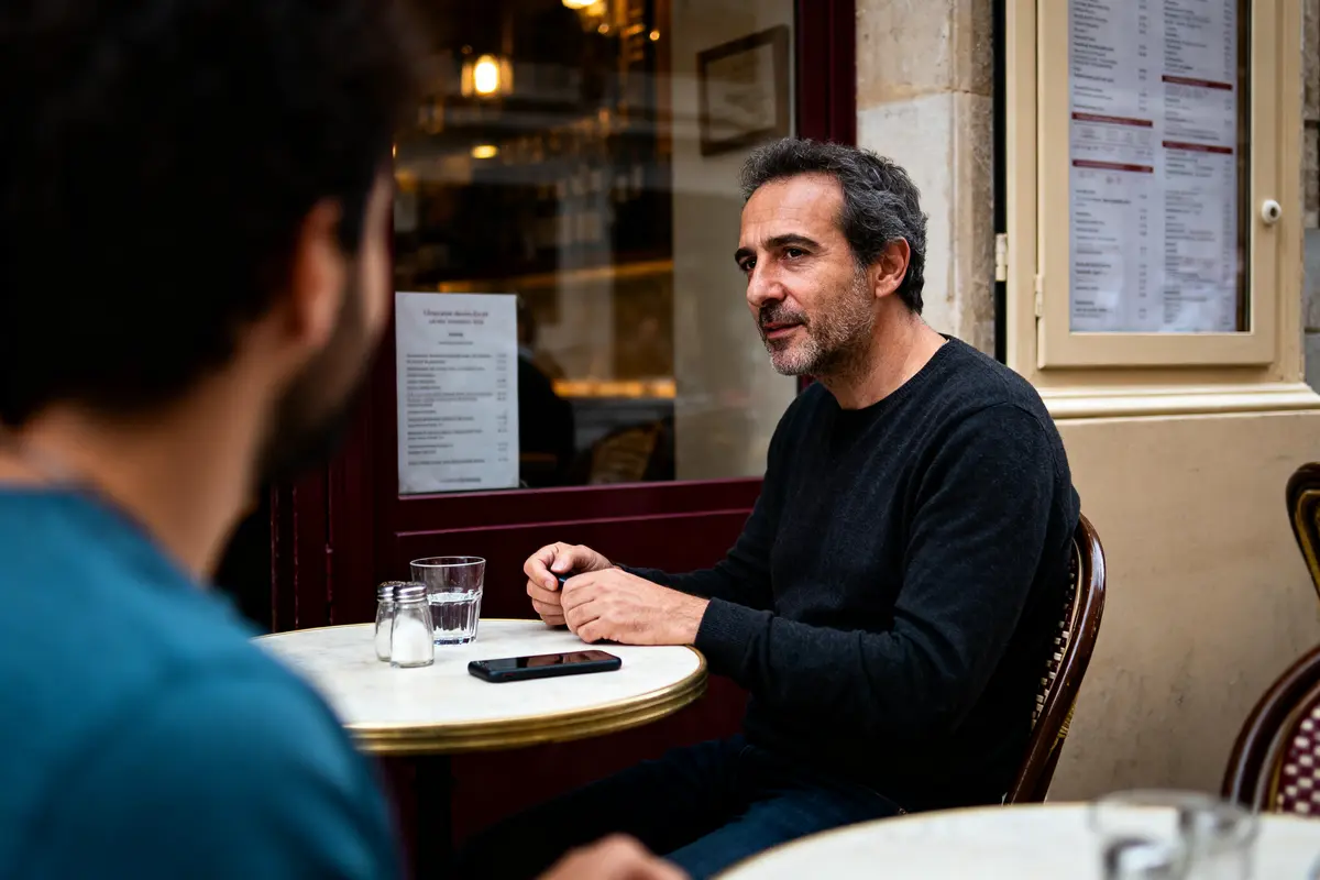 Deux hommes discutent à une terrasse de café, avec boissons et téléphone sur la table.