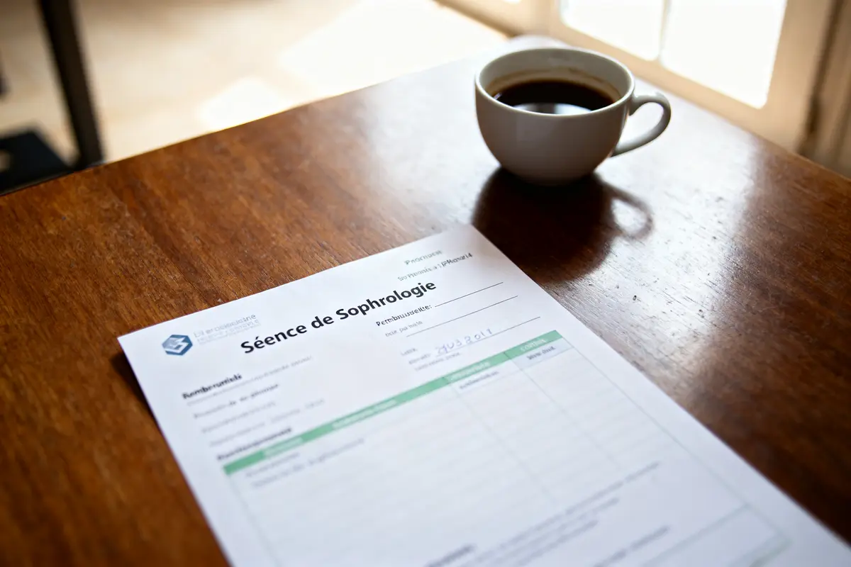 Formulaire de séance de sophrologie sur table en bois, avec tasse de café à côté.