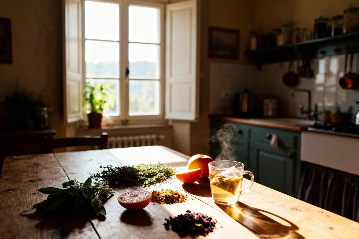 Table en bois avec fruits, herbes, thé fumant, lumière naturelle, fenêtre, cuisine rustique en arrière-plan.
