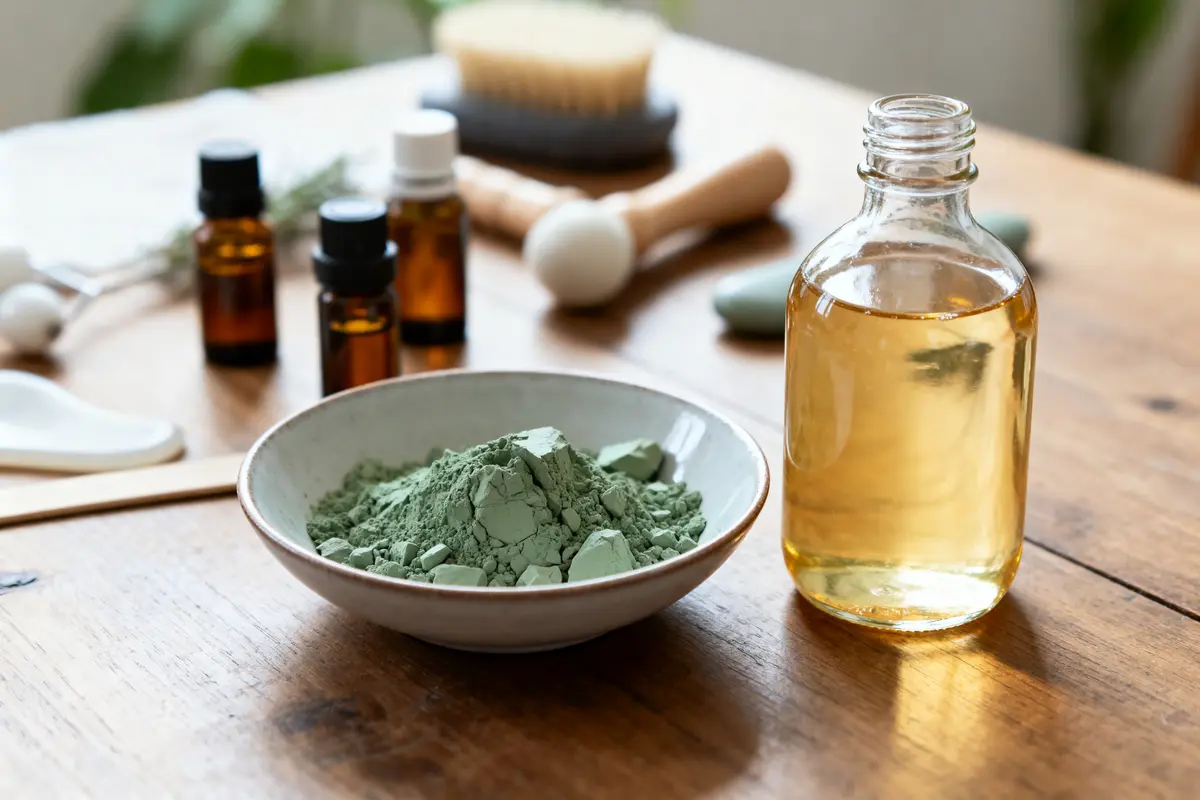 Bol avec poudre verte, flacon d'huile, bouteilles d'huiles essentielles, objets de soins sur table en bois.