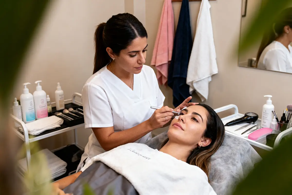 Esthéticienne applique soin du visage à une cliente allongée dans un salon, entourée de produits cosmétiques.