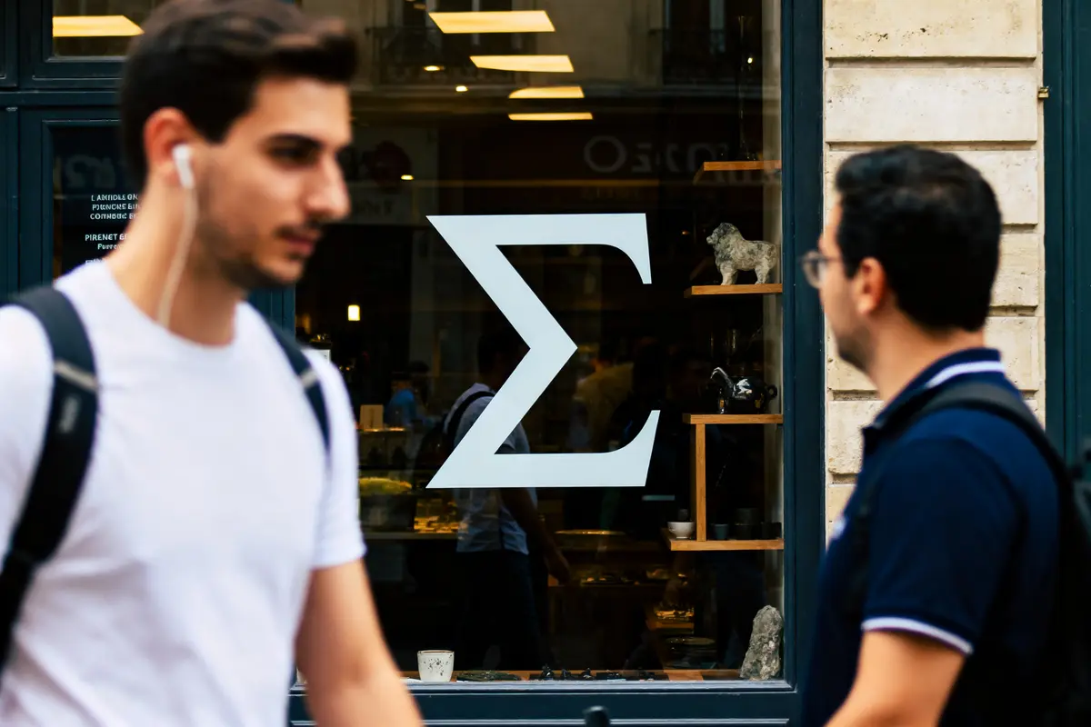 Deux hommes passent devant une vitrine avec un grand symbole Σ grec.