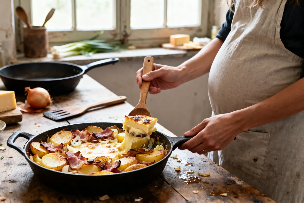 Personne cuisinant une tartiflette dans une poêle en fonte, ingrédients visibles sur une table rustique en bois.