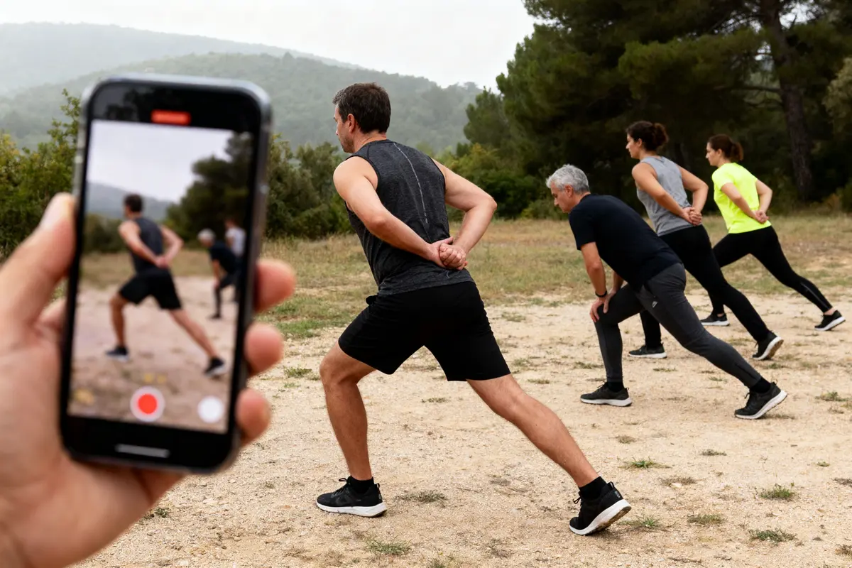 Groupe de personnes exerçant en plein air, filmé par téléphone portable, paysage boisé en arrière-plan.