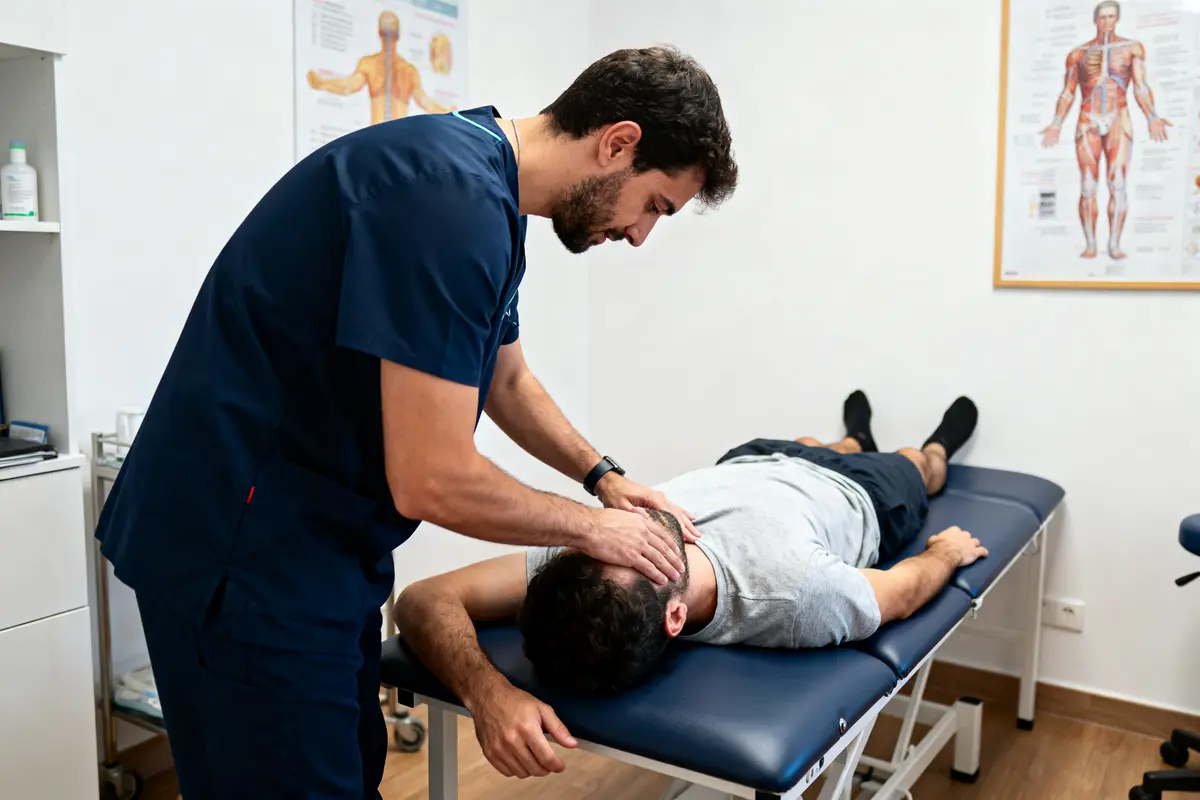 Un thérapeute manipule le cou d'un patient allongé sur une table de consultation.