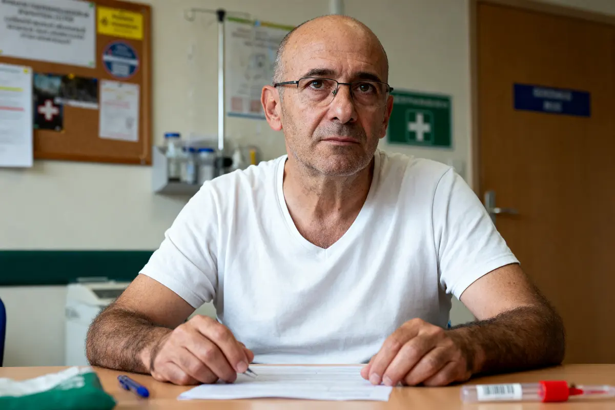 Homme avec lunettes, en t-shirt blanc, assis à un bureau. Fond de salle avec affiches et matériel médical.
