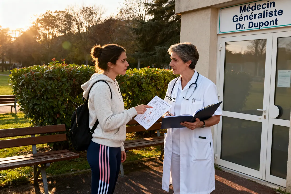 Une femme consulte un médecin généraliste à l'extérieur, tenant des documents médicaux, au coucher du soleil.