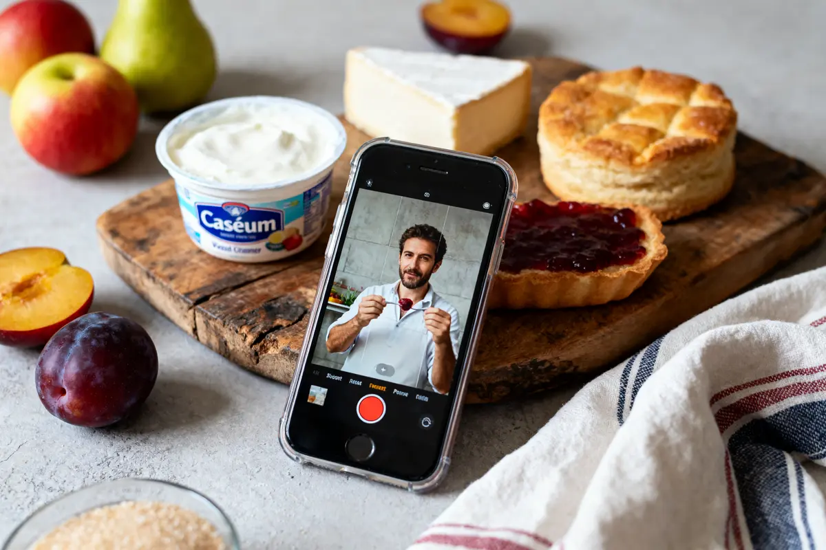 Smartphone affichant un homme, devant desserts, fruits, fromage, et pot de fromage blanc sur planche en bois.