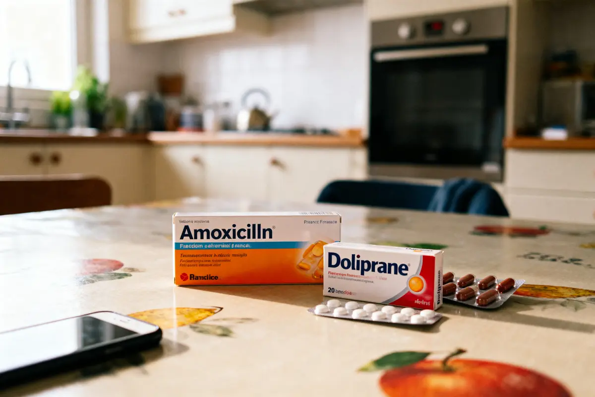 Boîtes d'Amoxicilline et Doliprane sur une table de cuisine, téléphone à proximité.