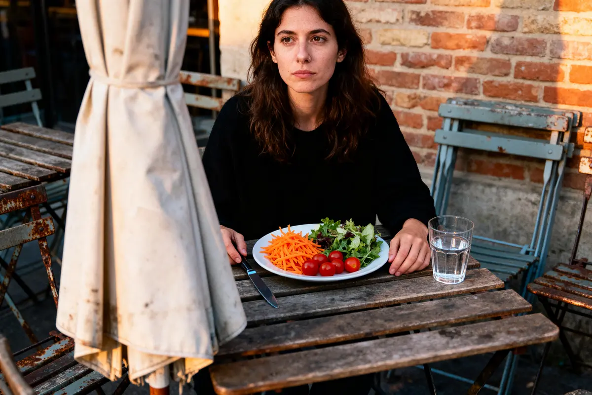 Femme assise à une table extérieure, salade et verre d'eau, expression pensive.