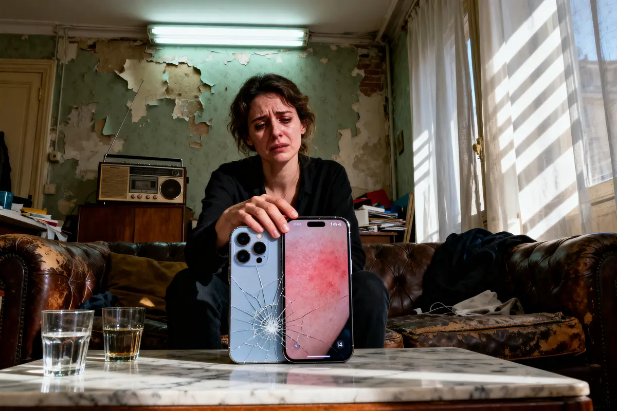 Personne préoccupée montrant un téléphone avec écran brisé dans un intérieur délabré. Radio en arrière-plan.