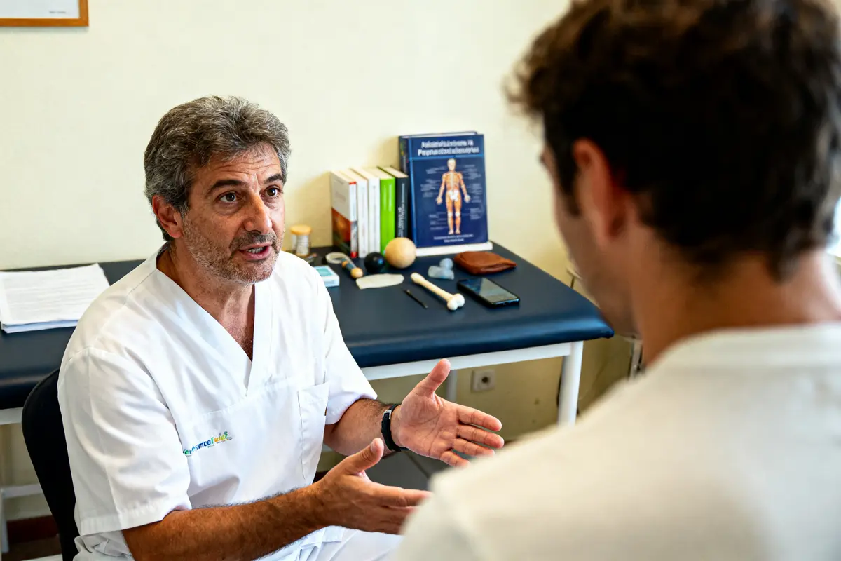 Médecin en blouse blanche discutant avec un patient dans un bureau médical. Instruments sur le bureau.