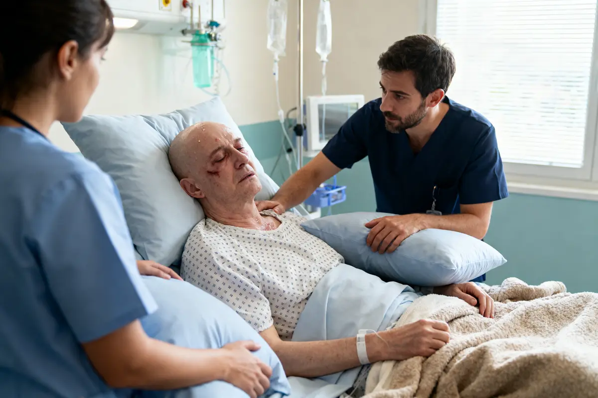 Un patient âgé soutenu par deux infirmiers dans un lit d'hôpital, entourés d'équipements médicaux.