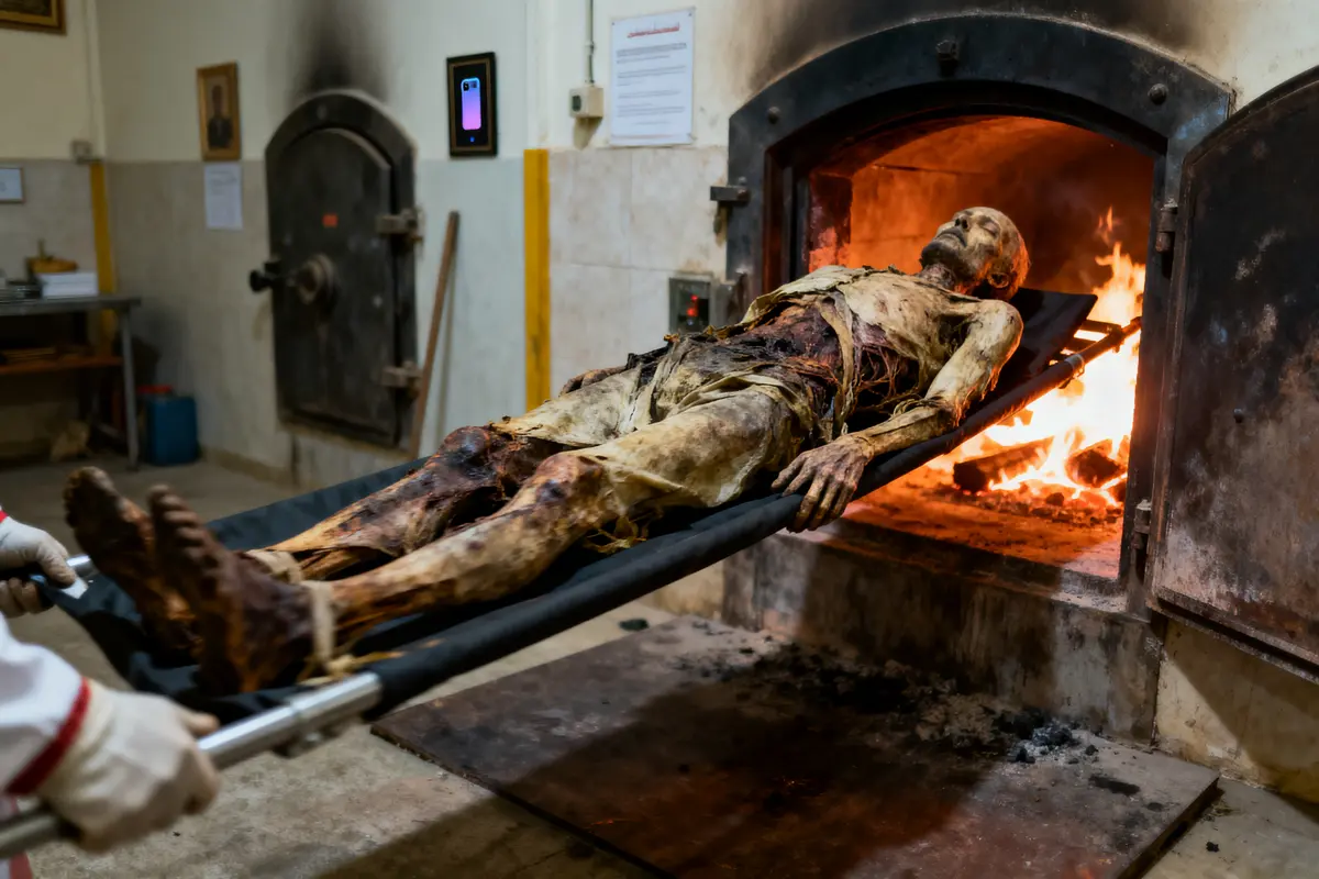 Squelette momifié placé dans un four crématoire, en train d'être incinéré, avec des flammes visibles.