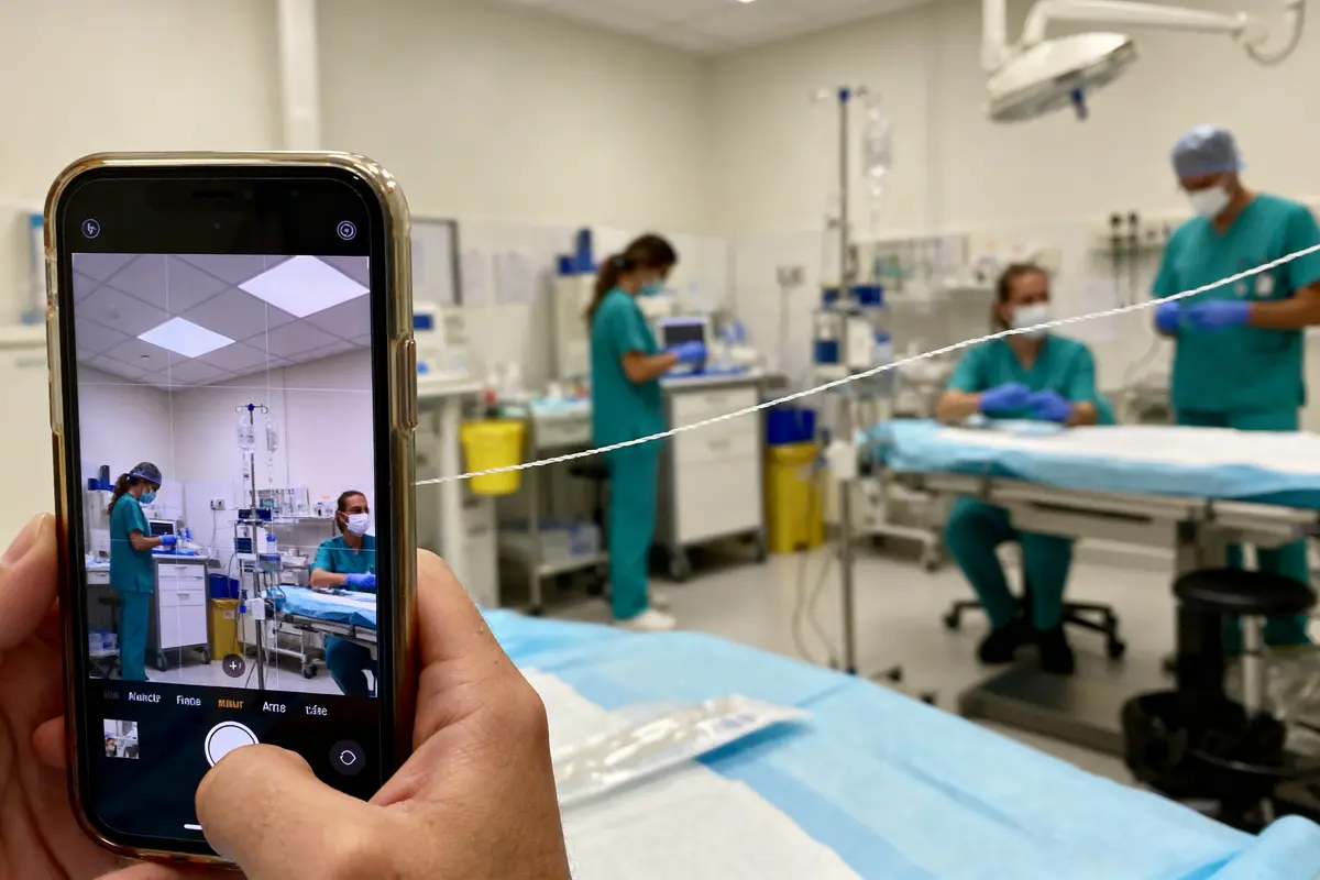 Personne prenant photo de personnel médical masqué dans une salle d'hôpital, plusieurs équipements visibles.