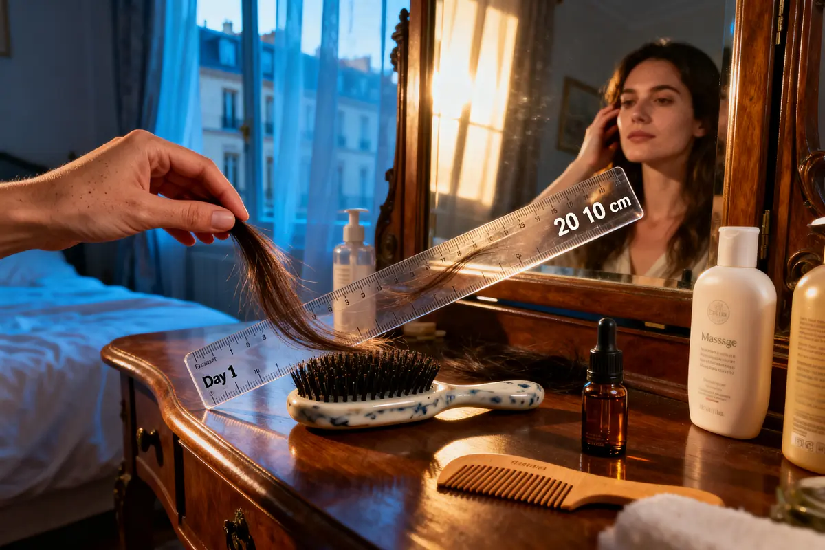 Main mesurant mèche de cheveux près miroir, divers produits et brosse sur coiffeuse, femme réfléchie en arrière-plan.