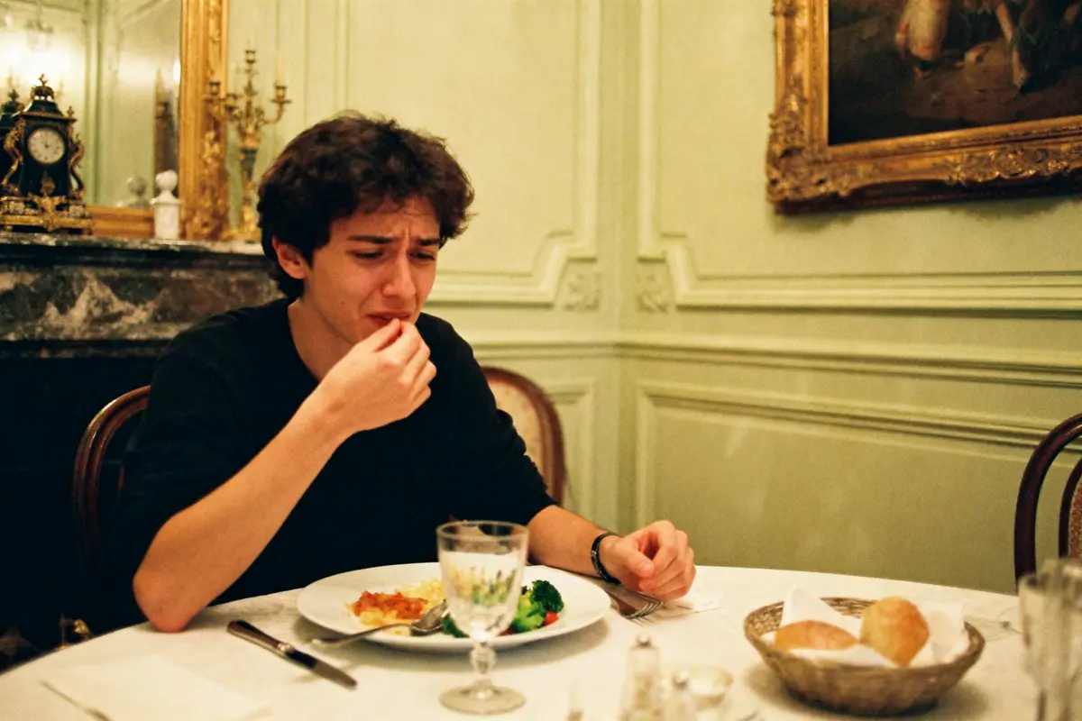 Jeune homme dégustant un plat au restaurant, exprimant une réaction intense ou émotive, décor élégant en arrière-plan.