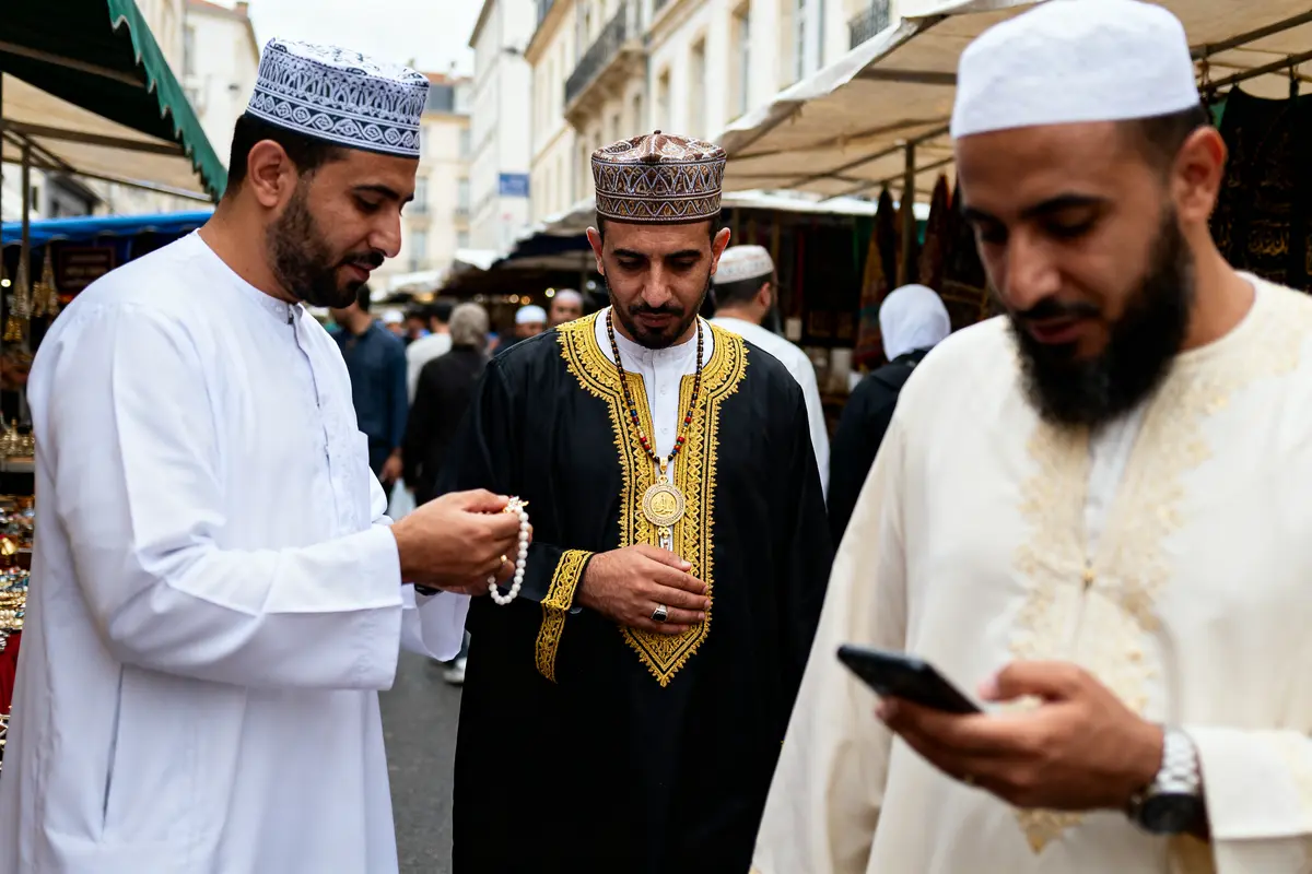 Trois hommes en tenue traditionnelle discutent et regardent un téléphone dans un marché animé.
