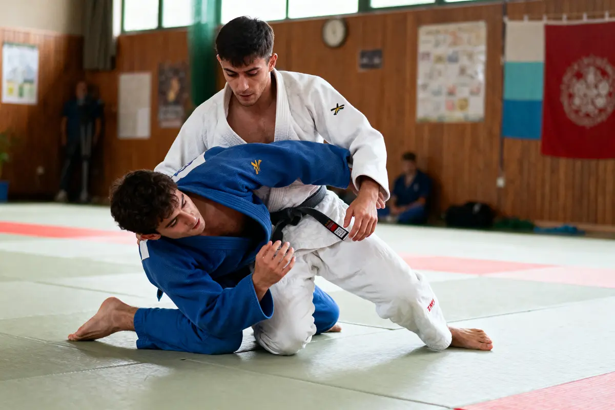 Deux judokas en action lors d'un entraînement sur un tatami, l'un en bleu, l'autre en blanc.
