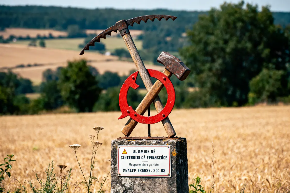 Sculpture métallique champêtre avec outils croisés et signalisation sur piédestal, arrière-plan champ de blé et forêt.