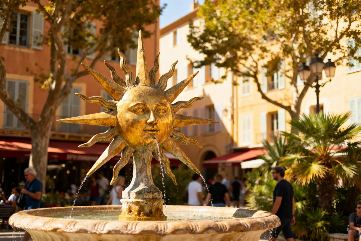 Fontaine ensoleillée dans une place méditerranéenne, entourée d'arbres et de passants par temps clair.