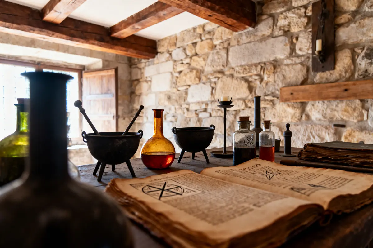 Vieille table en bois avec livres anciens, potions, bouteilles et chaudrons dans une salle en pierre éclairée.