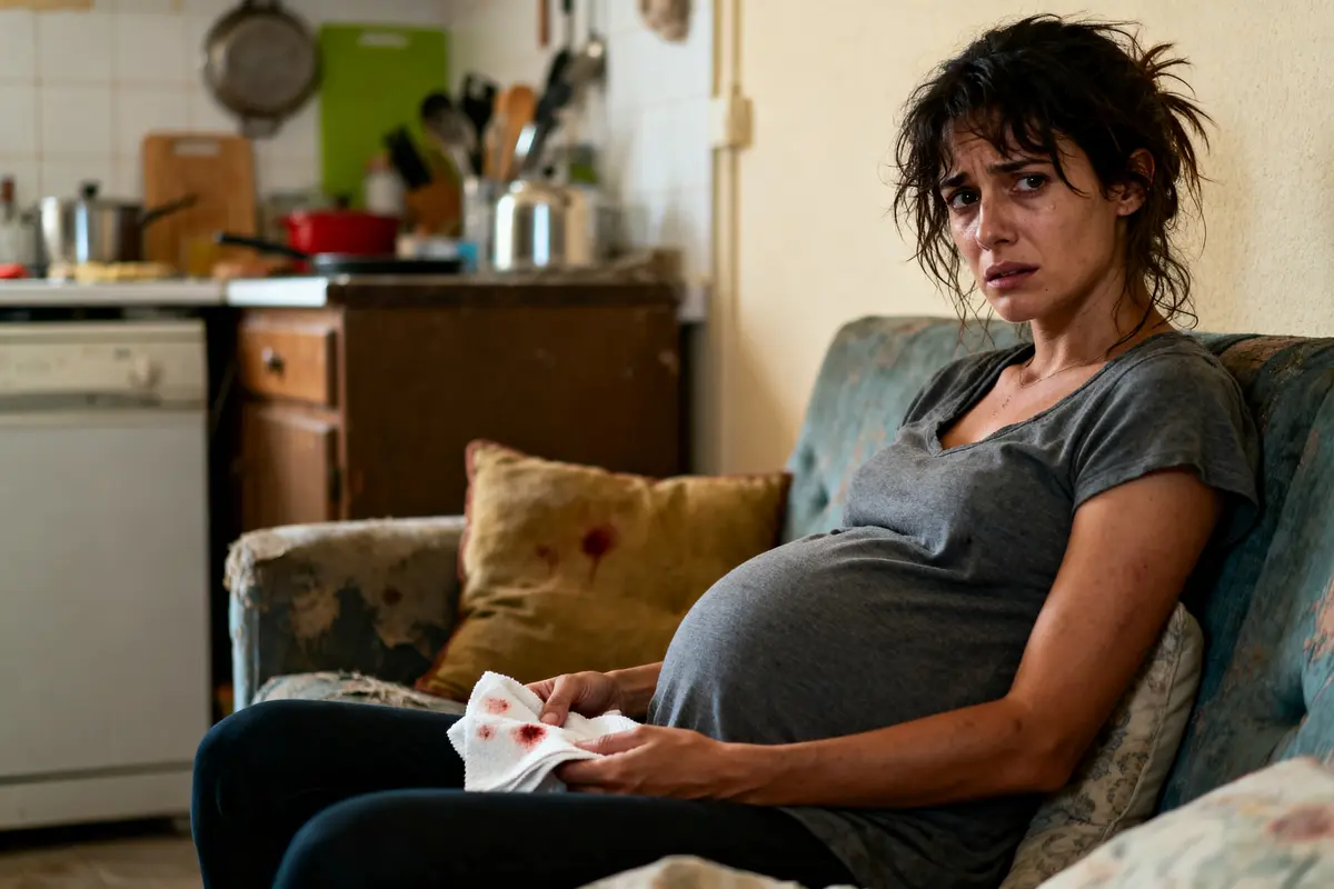 Femme enceinte assise sur canapé, air préoccupé, tenant tissu ensanglanté, cuisine en arrière-plan.
